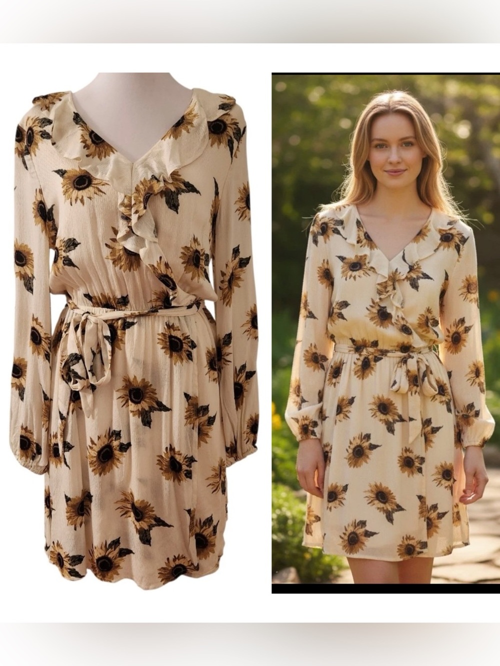 Altar'd State Boho Ruffle Floral Midi Dress Sunflower Tie Long-Sleeve Size S